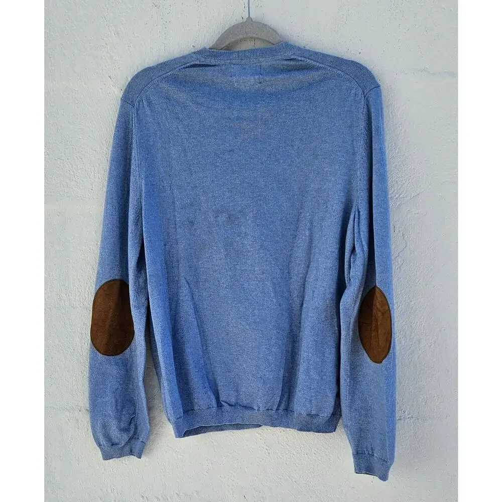 Banana Republic Sweater Mens Medium Baby‎ Blue Cotton Cashmere Suede Elbow Patch